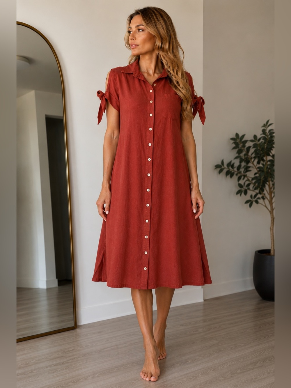 Boho Button-Front Tie Sleeve Midi Dress - Rust Red